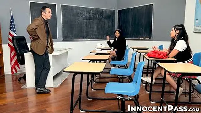 Sly teacher Donnie Rock bangs his sexy Asian pupils Jade Luv and Phoebe Kalib