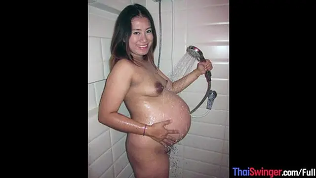 Thai MILF at 40 weeks pregnant with a huge belly gets hot and horny🥵 during intense fucking from behind