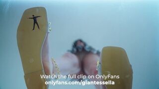Giantess girl squishes tiny shrunken guy under her sandals