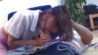 Gorgeous brunette giving a man naughty chat while admiring his enormous cock